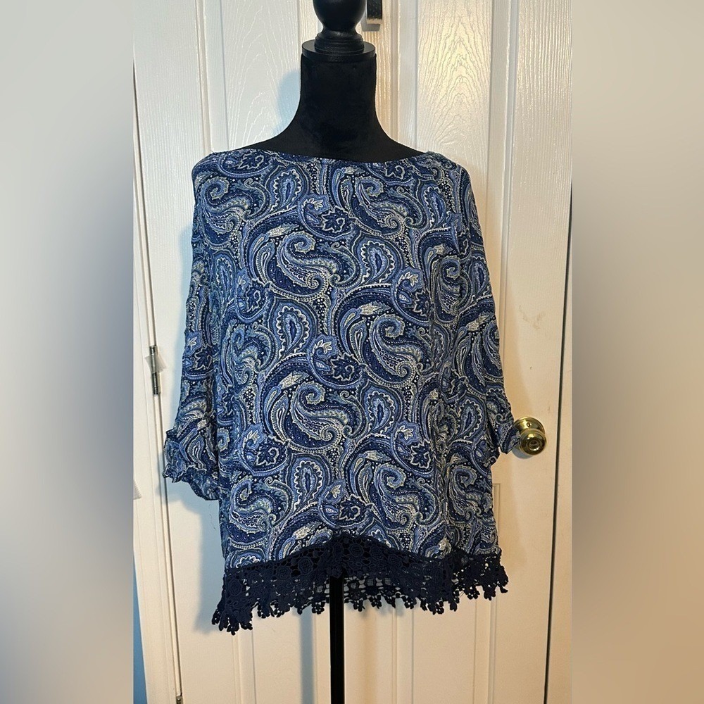 Westport 1962 Womens 2X Paisley Blouse Blue Crochet‎ Lace Trim 3/4 Sleeve Top